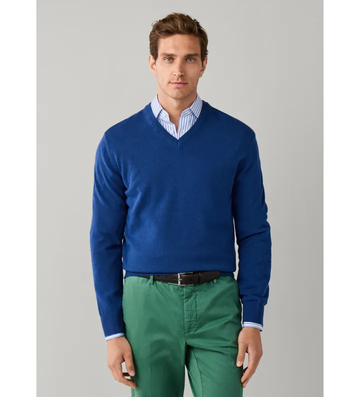 Hackett London para hombre. HM7000245 Jersey Merino Cash Mix azul medio (L), Casual, Lana, Clásico, Manga larga