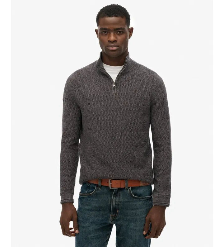 Superdry para hombre. M6110682A Jersey con media cremallera LW Cotton Texture Half negro (L), Casual, Algodón