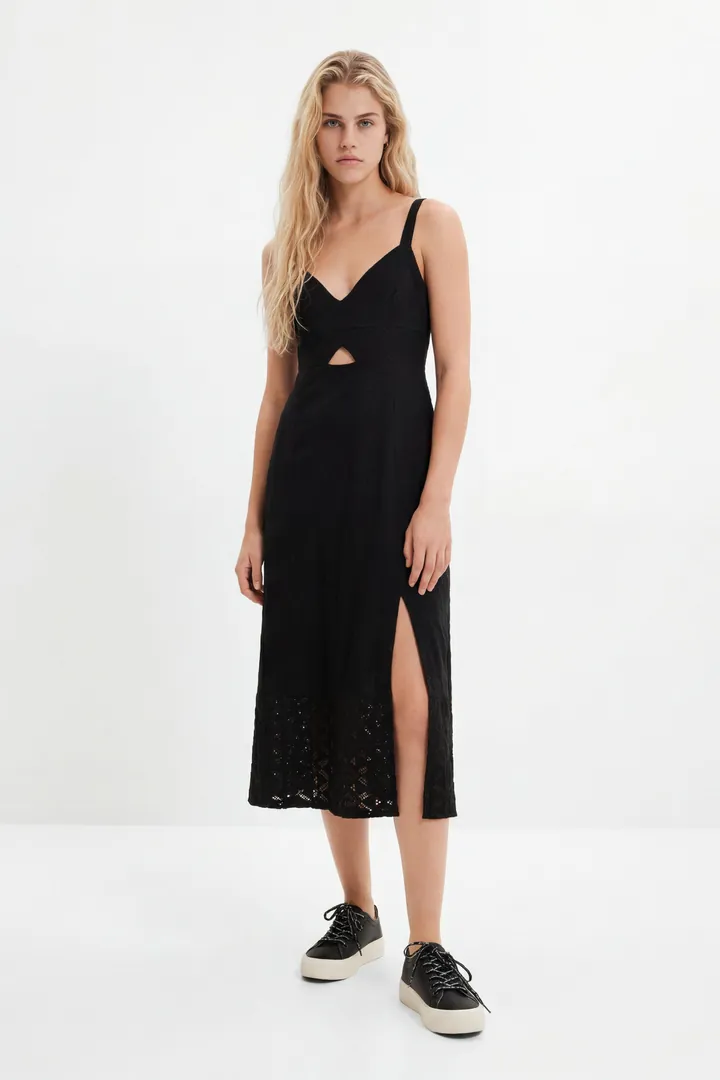Desigual, Vestido midi bordados, Algodon, Negro, M