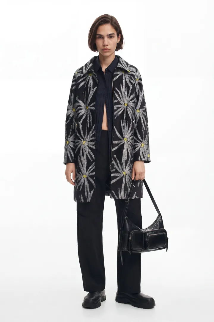 Desigual, Abrigo estampado margaritas, Poliester, Negro, L