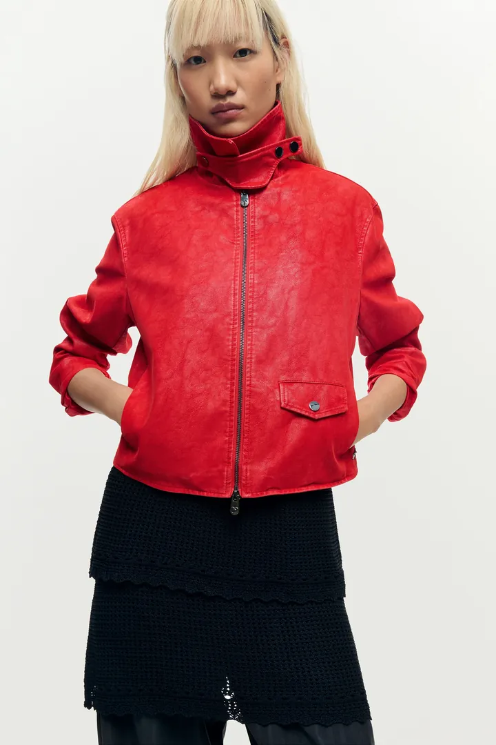 Desigual, Chaqueta efecto piel roja, Mujer, Poliuretano, Rojo, L