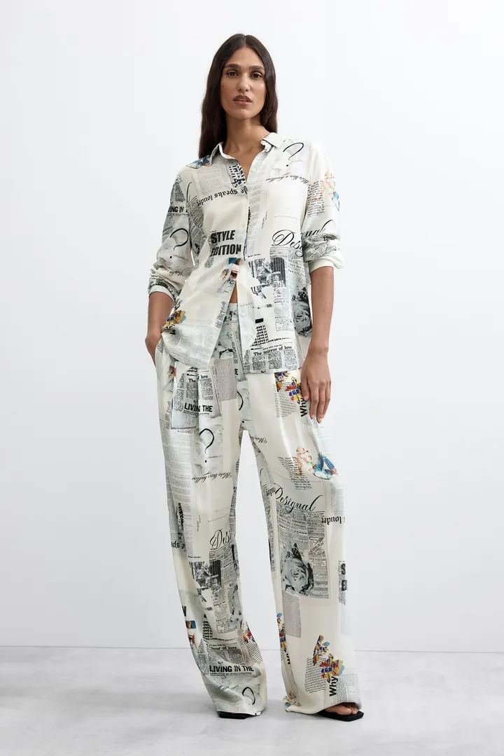 Desigual, Pantalón Estampado Pierna Ancha, Mujer, Viscosa, Blanco, L
