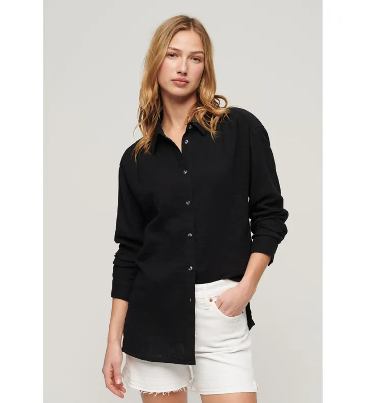 Superdry para mujer. W4010422A Camisa de playa larga negro (S), Casual, Algodón, Manga larga
