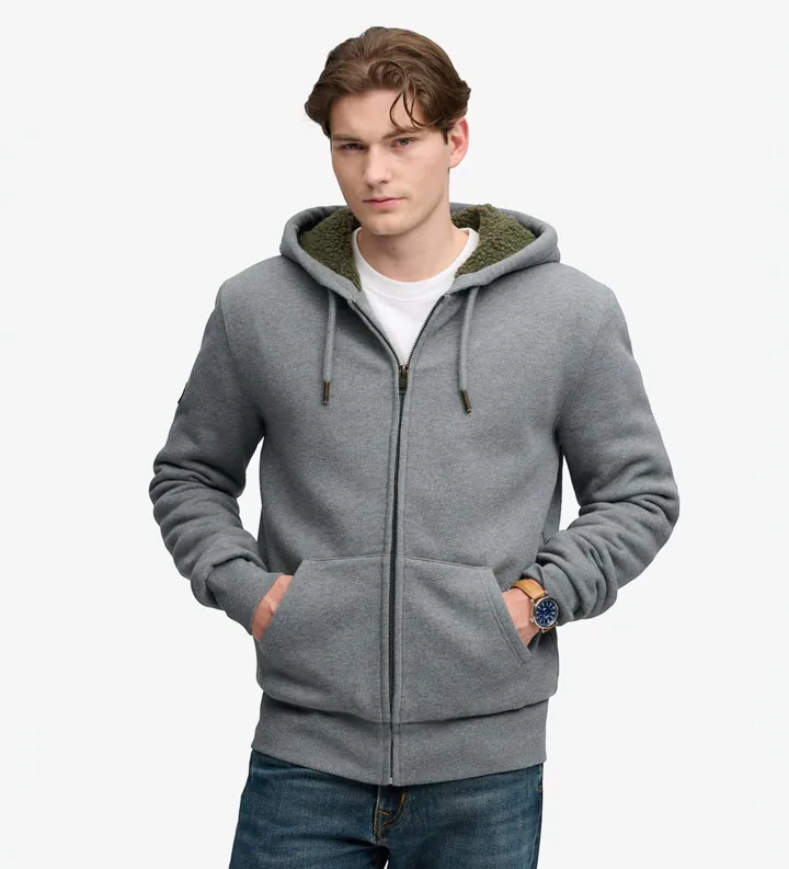Superdry para hombre. M2014583A Sudadera con capucha y cremallera Borg Lined gris (L), Casual, Algodón