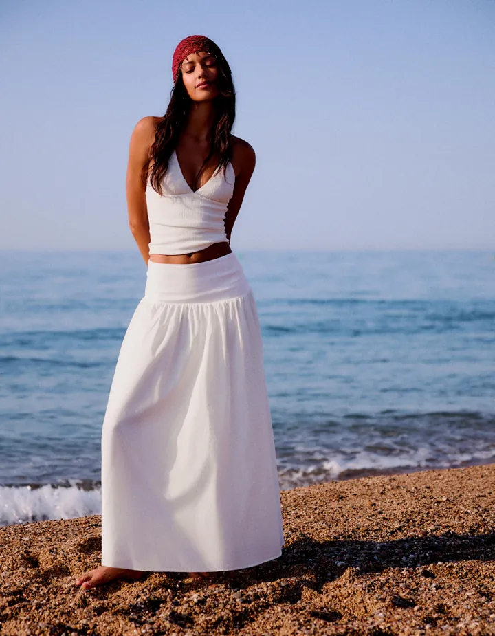 Bershka Falda Midi Fajín Mujer L Blanco
