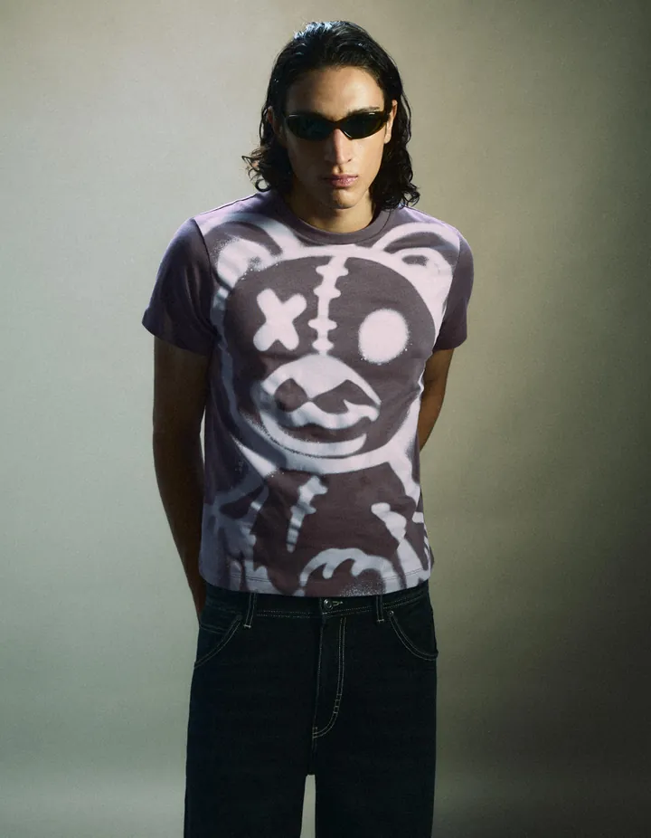 Bershka Camiseta Manga Corta Regular Fit Oso Hombre L Azul