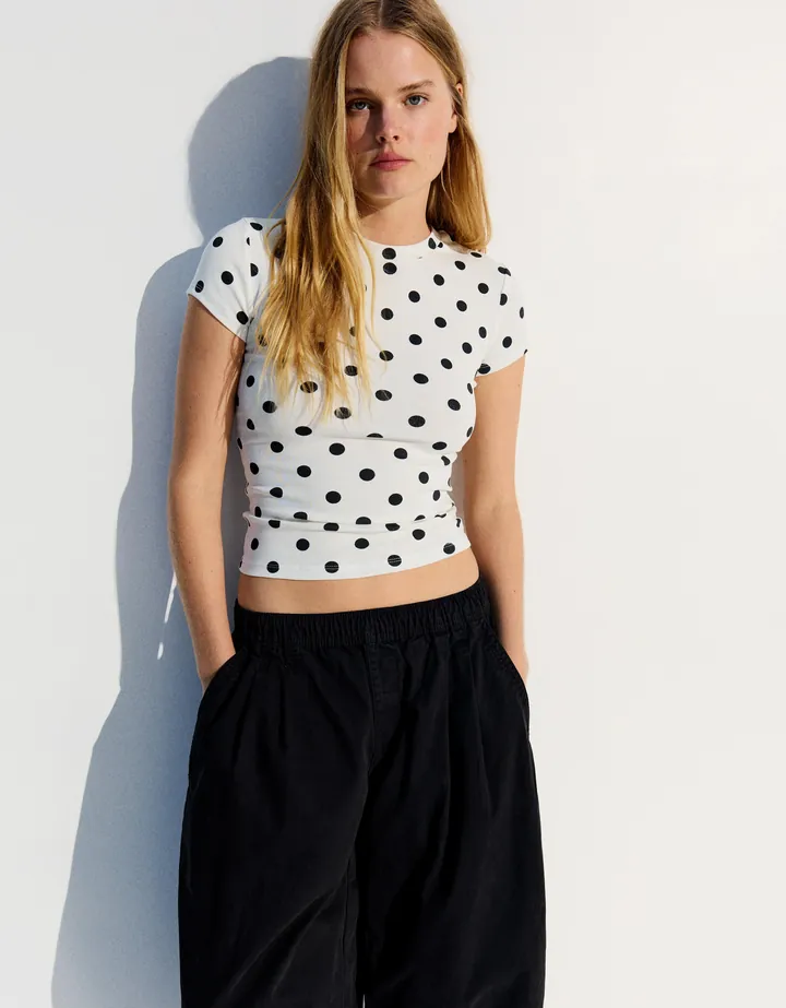 Bershka Camiseta Manga Corta Cuello Redondo Mujer L Blanco