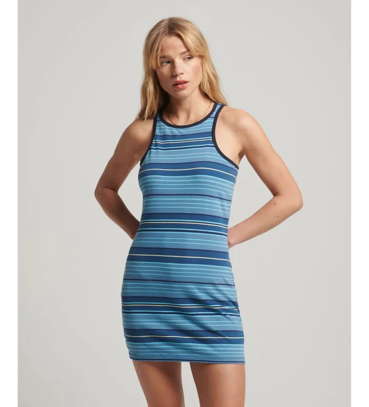 Superdry para mujer. W8011412A Vestido logotipo Vintage Stripe Racer azul (L), Casual, Sin mangas / Tirantes, Algodón Orgánico, Sostenible