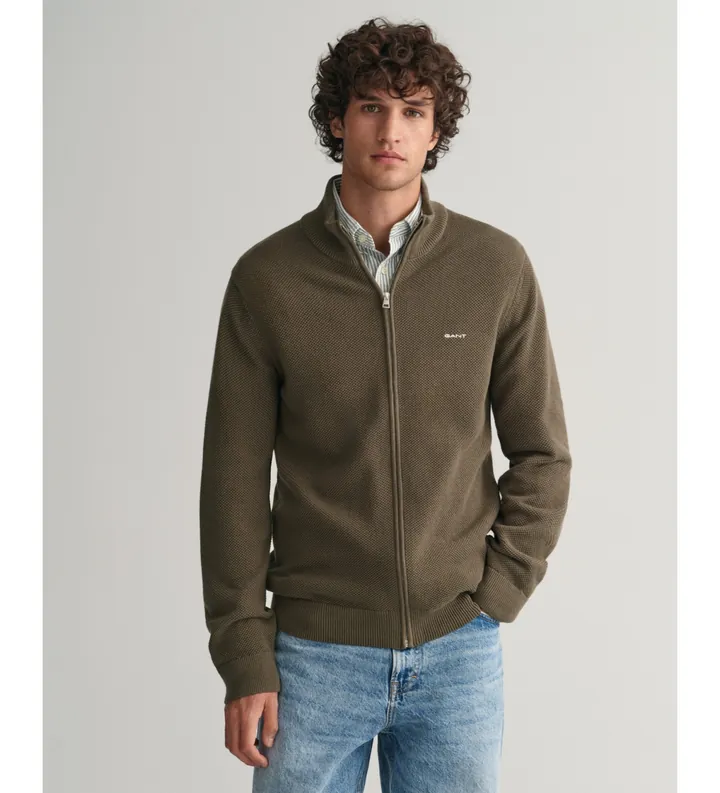 Gant para hombre. 8040524 Cárdigan en piqué de algodón con cremallera verde (3XL), Casual, Manga larga