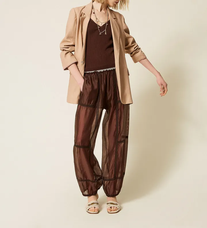 Twinset para mujer. 261TF2041 Pantalón jogger de gasa con encaje marrón (42), Casual, Lyocell