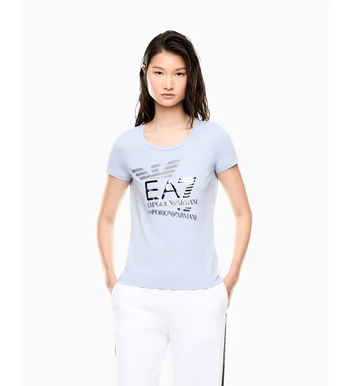 EA7 para mujer. 7W000977_AF10373 Camiseta Logo Series de algodón con el logotipo de pedrería azul (L), Casual, Manga corta