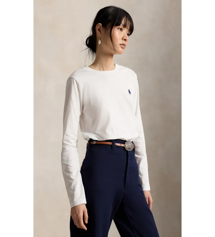 Polo Ralph Lauren para mujer. 211B14604006 Camiseta Classic Fit de punto de algodón blanco (L), Casual, Manga larga