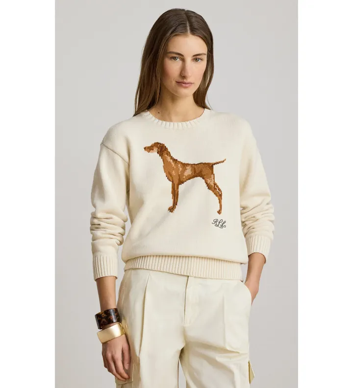 Lauren Ralph Lauren para mujer. 200P14120001 Jersey de algodón con perro de intarsia blanco crema (L), Casual