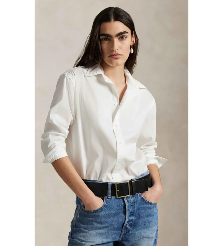 Polo Ralph Lauren para mujer. 211968219001 Camisa de algodón oversize blanco (L), Casual, Manga larga