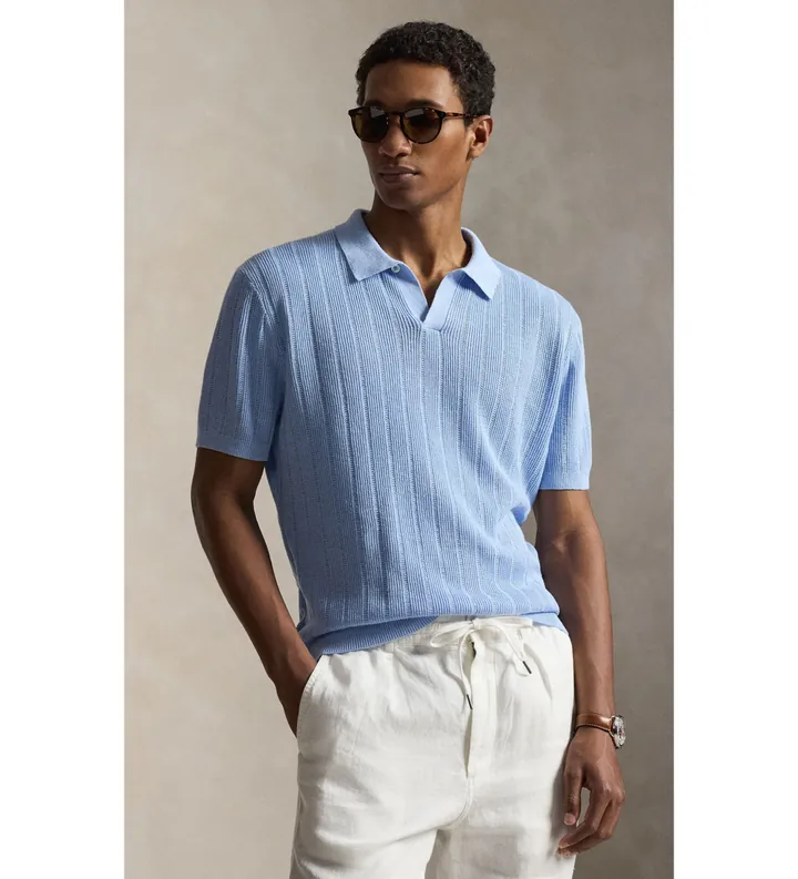 Polo Ralph Lauren para hombre. 710A12994006 Jersey de lino con cuello abierto azul (L), Casual, Manga corta