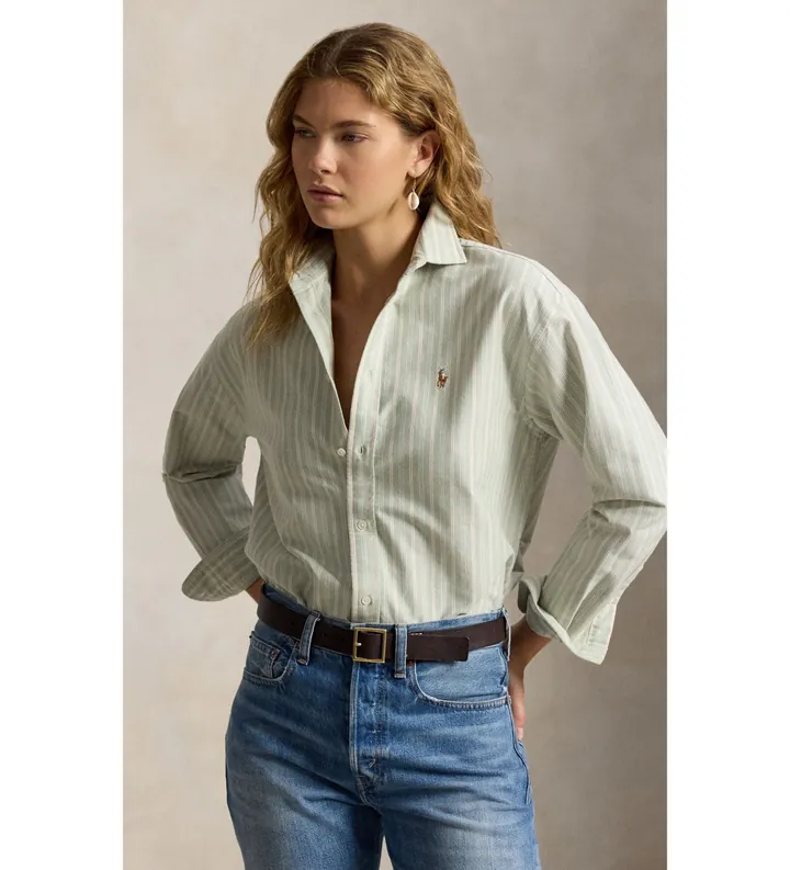 Polo Ralph Lauren para mujer. 211B21507001 Camisa oxford de algodón Relaxed Fit verde (L), Casual, Manga larga