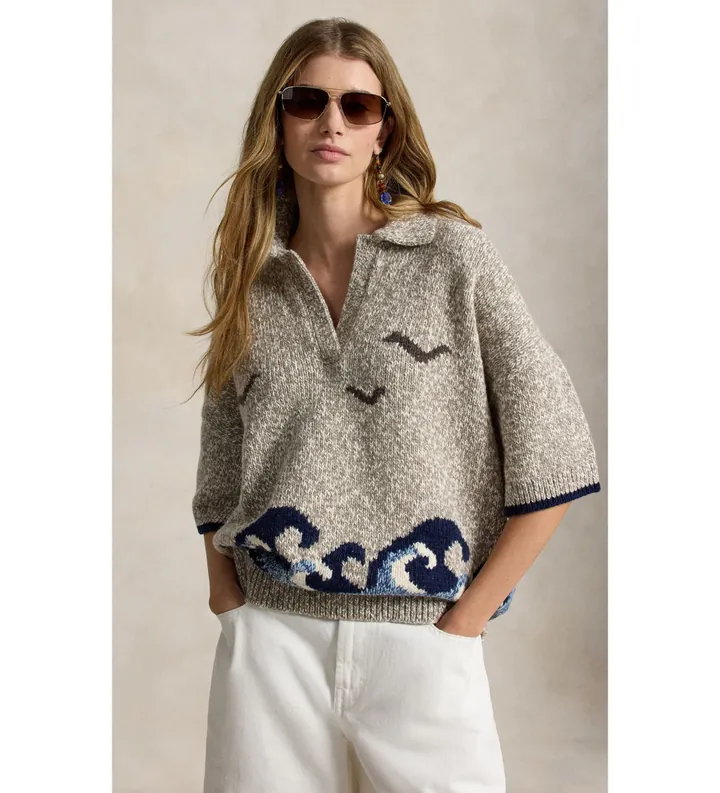 Polo Ralph Lauren para mujer. 211B17738001 Jersey de mezcla de lana con motivos beige (L), Casual, Manga corta