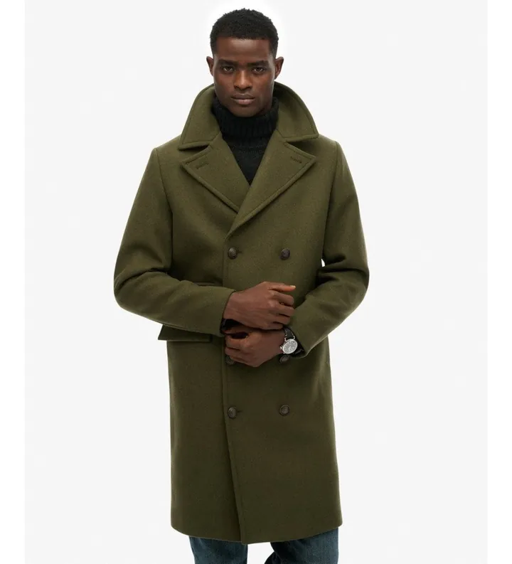 Superdry para hombre. M5012384A Abrigo Merchant Wool Blend Long verde (L), Casual, Clásico, Poliéster