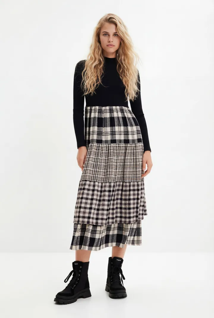 Desigual, Vestido midi falda cuadros, Negro, L