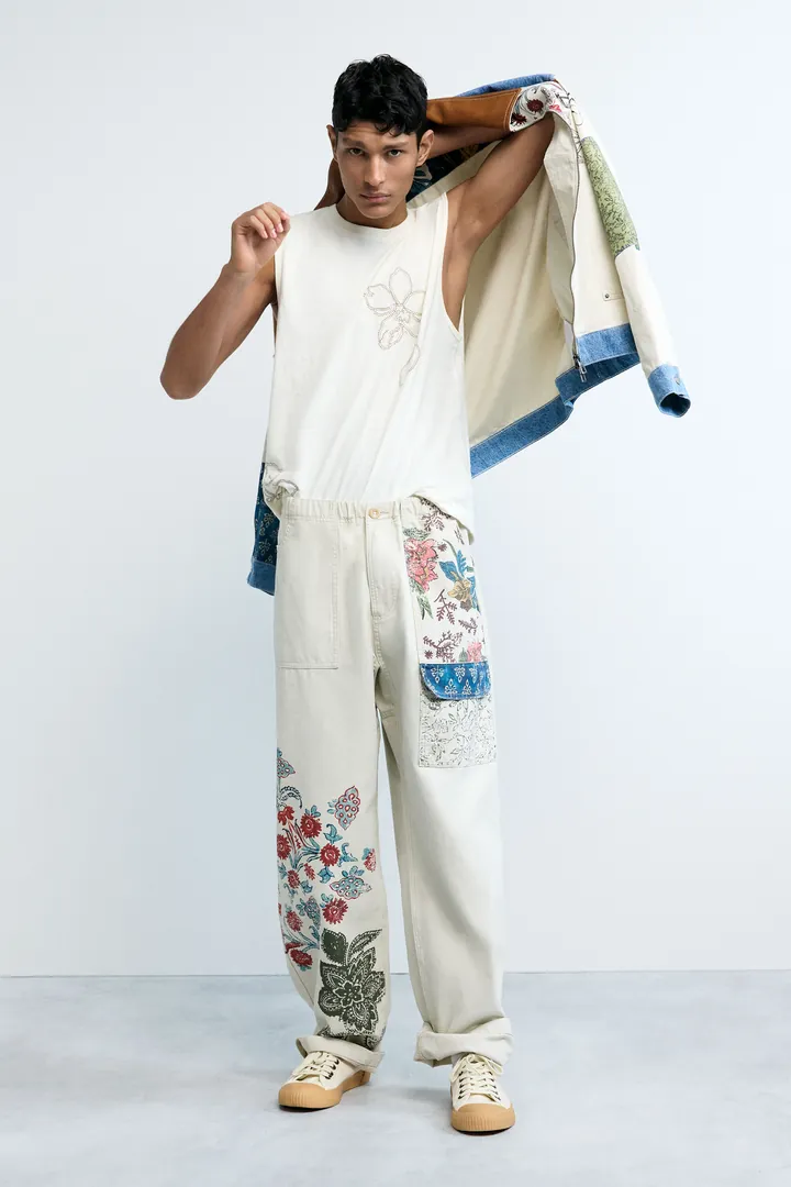 Desigual, Pantalón largo flores, Hombre, Algodon, Blanco, 28