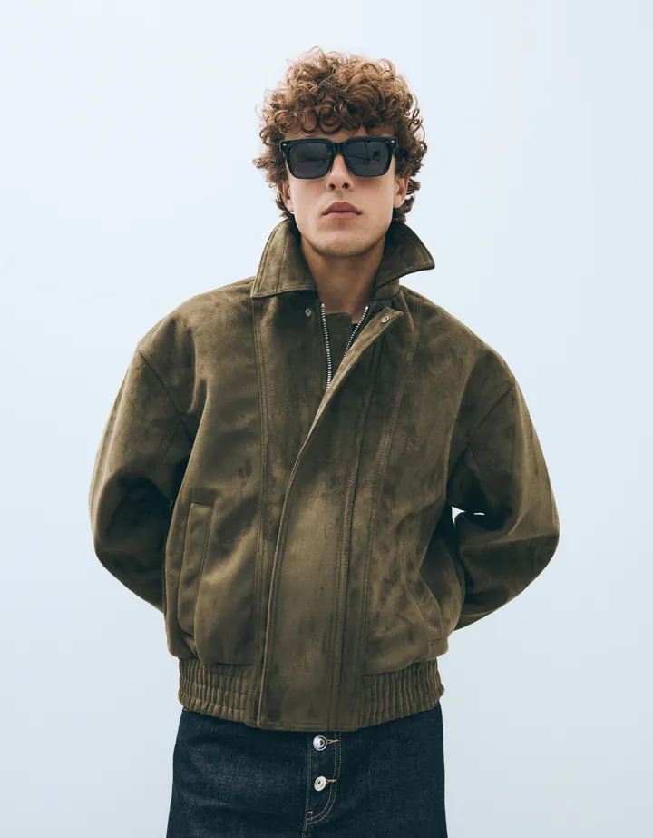 Bershka Cazadora Efecto Suede Hombre L Kaki