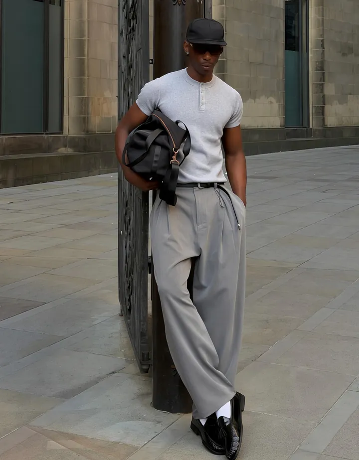 Bershka Pantalón Baggy Pliegues Hombre 34 Gris