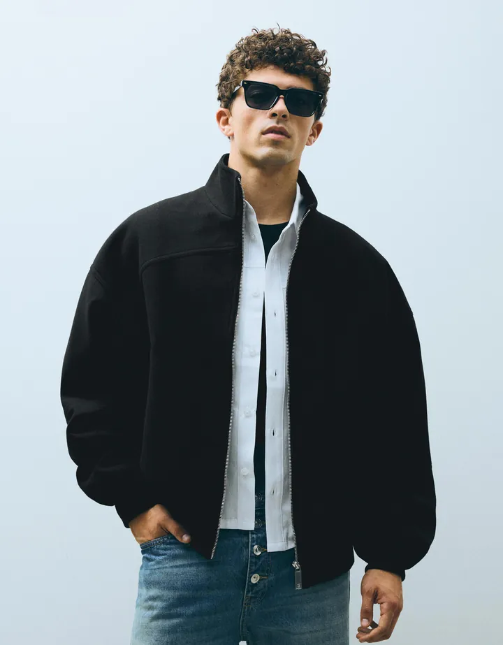 Bershka Cazadora Bomber Paño Hombre L Negro