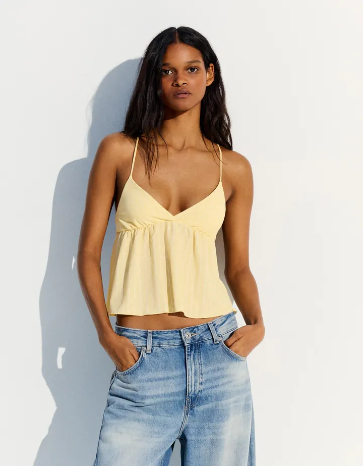 Bershka Top Tirantes Peplum Rayas Mujer L Amarillo
