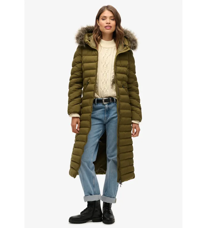 Superdry para mujer. W5011790A Chaqueta larga con capucha de piel sintética Fuji verde (M), Casual, Poliéster Reciclado, Sostenible