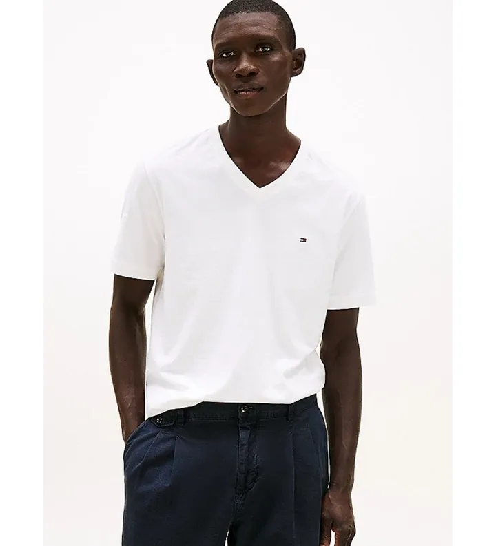 Tommy Hilfiger para hombre. MW0MW39249 Camiseta de cuello de pico blanco (S), Casual, Algodón, Manga corta