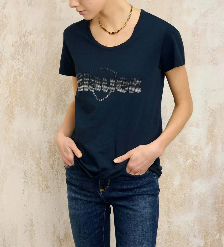 Blauer para mujer. 25SBLDH02372 Camiseta con brillantina Graham marino (L), Casual, Algodón, Manga corta