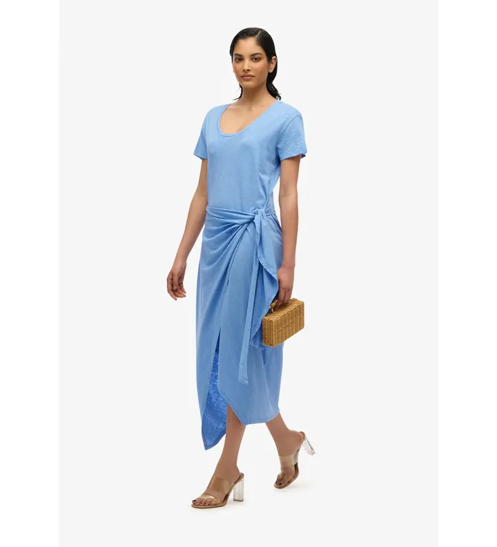 Superdry para mujer. W8011944A Vestido midi cruzado flameado azul (L), Casual, Algodón, Manga corta