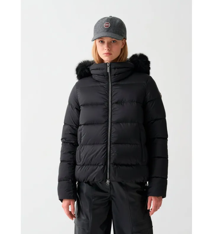 Colmar para mujer. 2216E Plumífero con capucha desmontable de pelo sintético negro (50), Casual, Poliamida