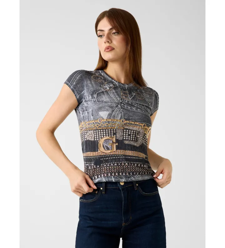 Guess para mujer. W6RI05KCCG0 Camiseta estampada negro (S), Casual, Poliéster, Manga corta