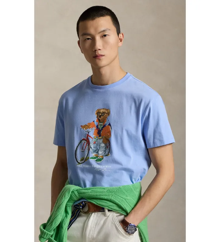 Polo Ralph Lauren para hombre. 710B16612001 Camiseta Custom Slim Fit con Polo Bear azul (S), Casual, Algodón, Manga corta
