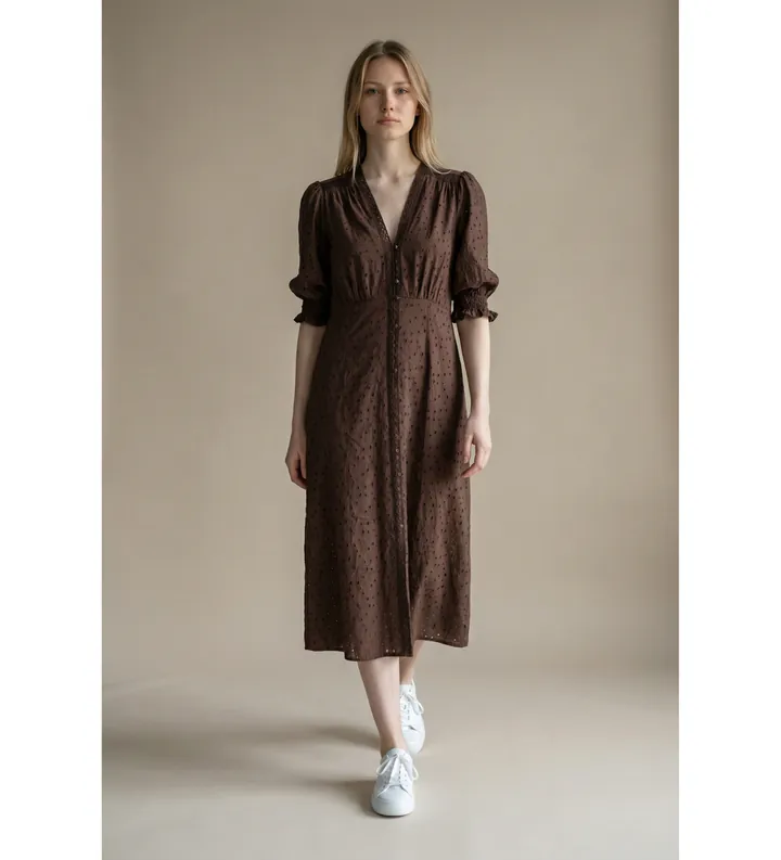 Twinset para mujer. 261TF2111 Vestido bordado marrón (42), Casual, Algodón, Manga corta