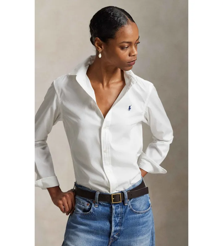 Polo Ralph Lauren para mujer. 211891376001 Camisa de algodón Slim Fit blanco (30), Casual, Clásico, Manga larga