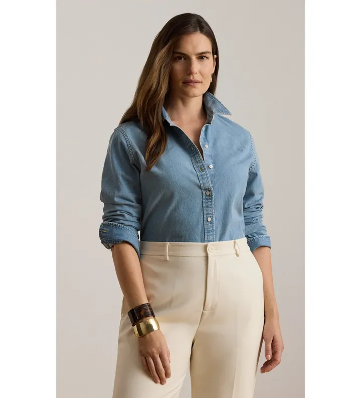Lauren Ralph Lauren para mujer. 200P14149001 Camisa de denim Classic Fit azul (L), Casual, Algodón, Manga larga