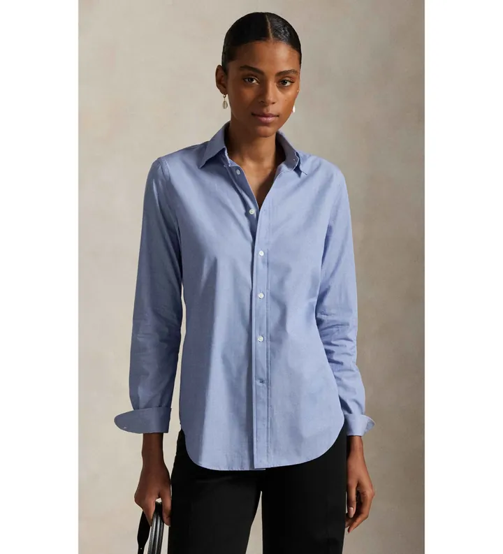 Polo Ralph Lauren para mujer. 211941509004 Camisa de algodón elástico fil-à-fil azul (32), Casual, Manga larga