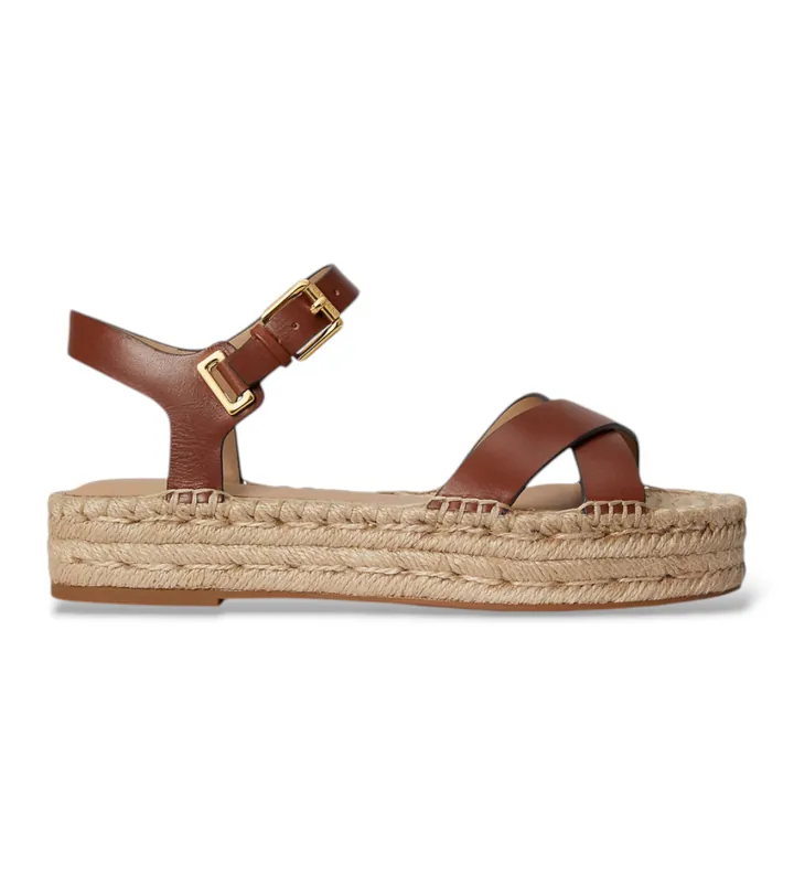 Lauren Ralph Lauren para mujer. 802P06400001 Alpargatas Emeryn de piel marrón (40), Plano, Hebilla, Casual