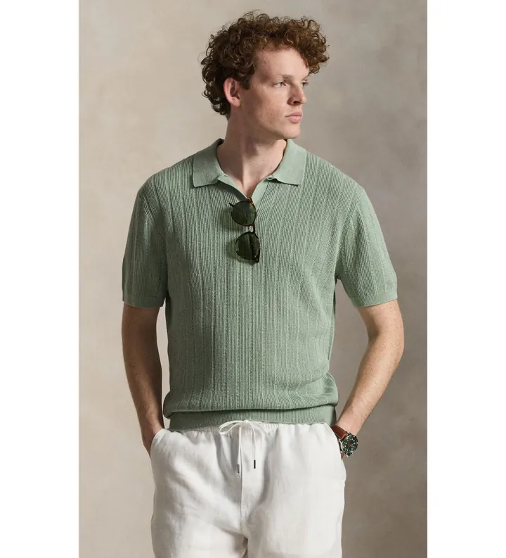 Polo Ralph Lauren para hombre. 710A12994005 Jersey de lino con cuello abierto verde (L), Casual, Manga corta