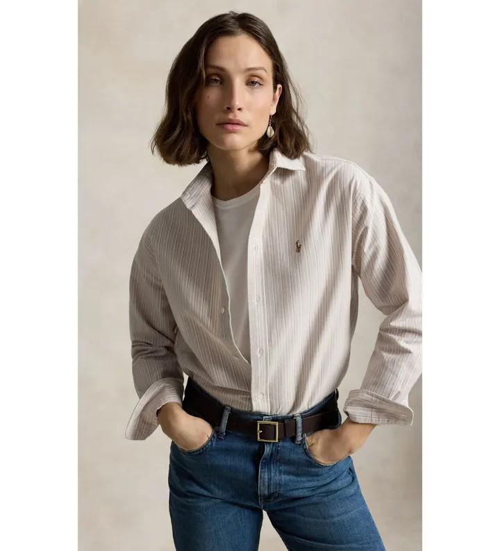 Polo Ralph Lauren para mujer. 211B21507003 Camisa oxford de algodón Relaxed Fit beige (L), Casual, Manga larga