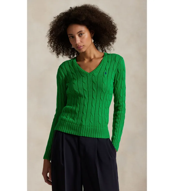 Polo Ralph Lauren para mujer. 211971870007 Jersey de algodón en punto de ochos verde (L), Casual, Manga larga