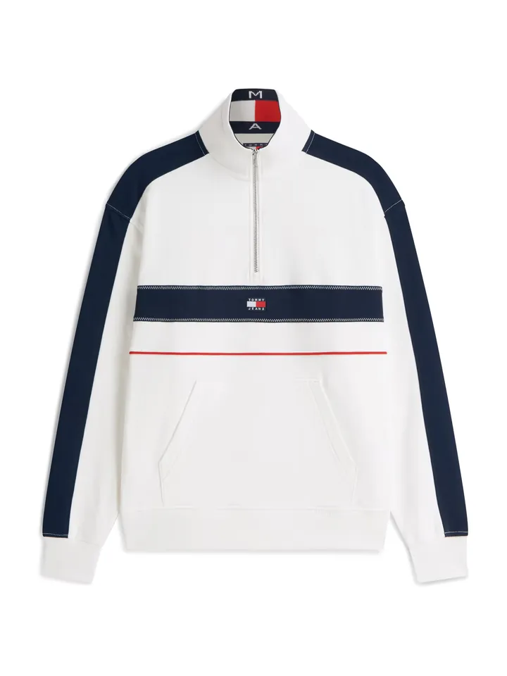 Tommy Jeans Sudadera 'Colour-blocked Quarter-zip Relaxed'  navy / rojo vivo / blanco