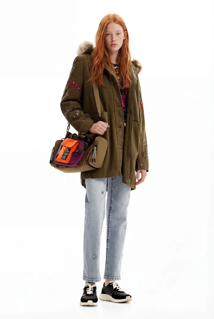 Desigual, Parka capucha bordados, Algodon, Verde, L