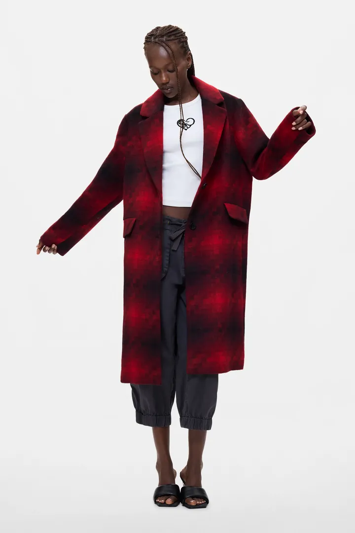 Desigual, Abrigo Cuadros Largo con lana, Mujer, Rojo, L