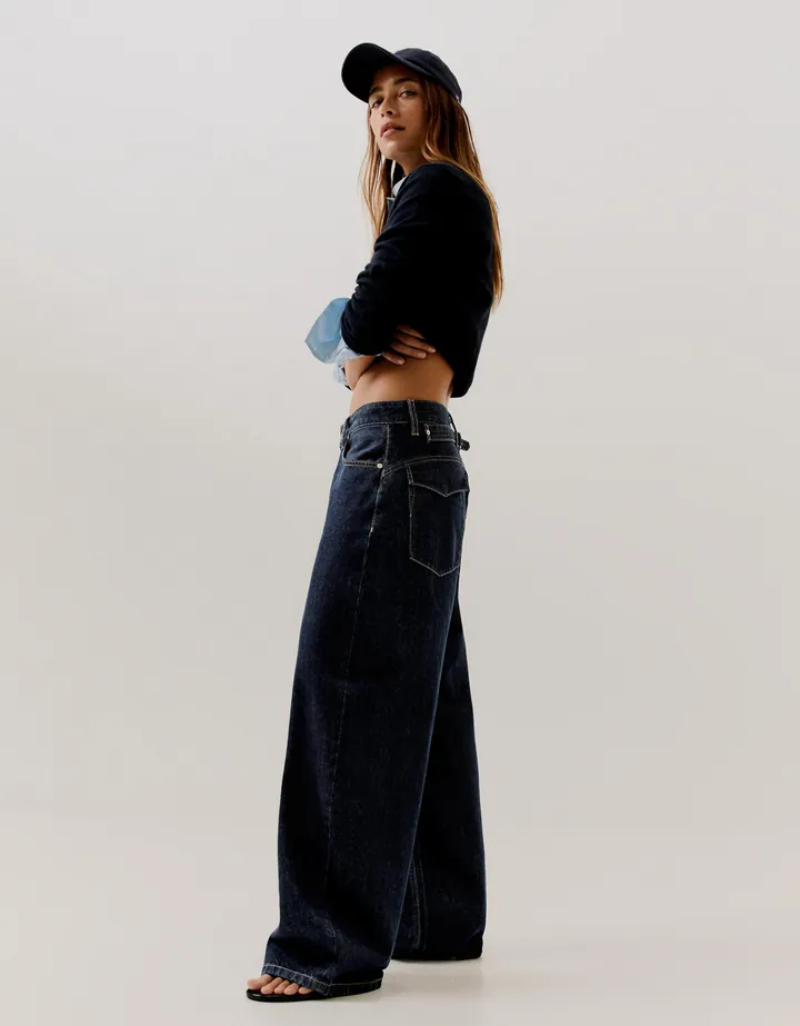 Bershka Jeans Barrel Hebilla Trasera Mujer 32 Marino