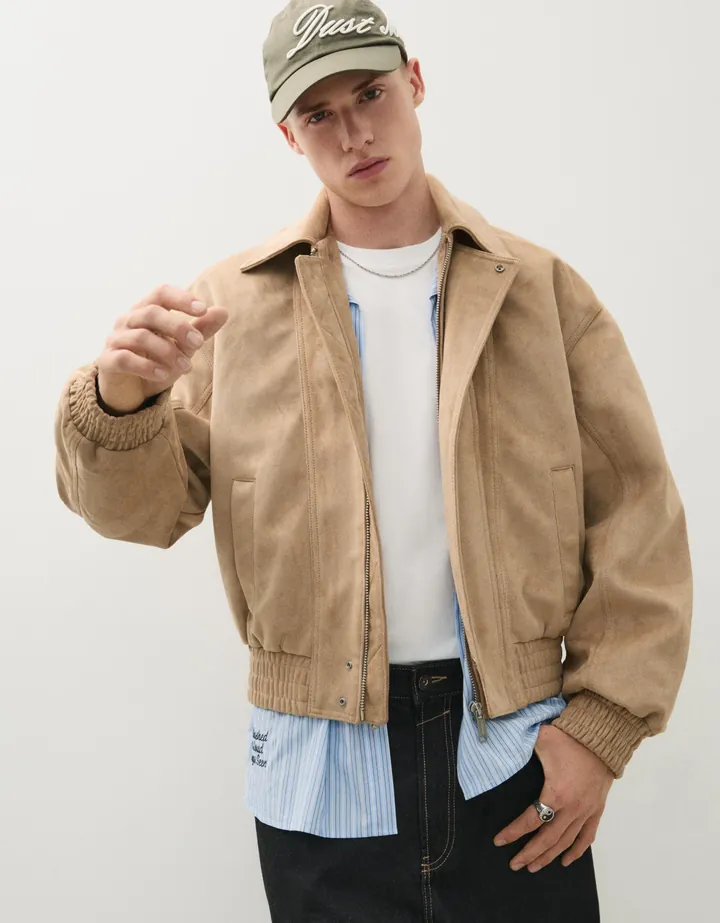 Bershka Cazadora Efecto Suede Hombre L Beige