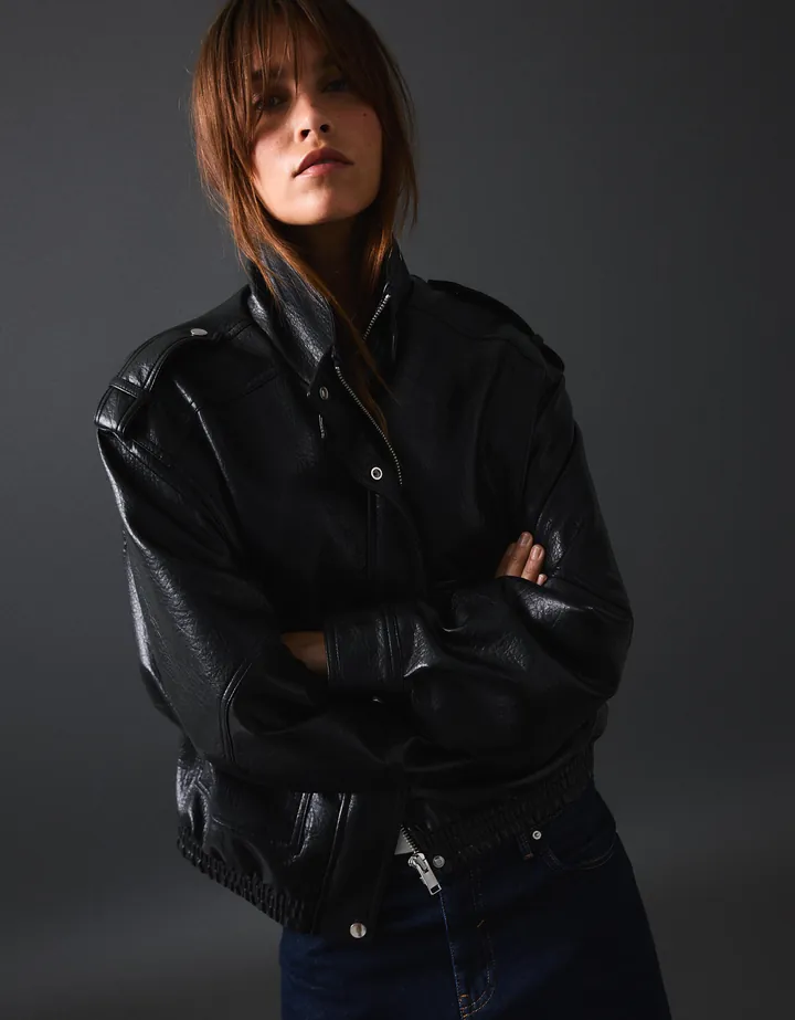 Bershka Cazadora Efecto Piel Cuello Chimenea Mujer L Negro