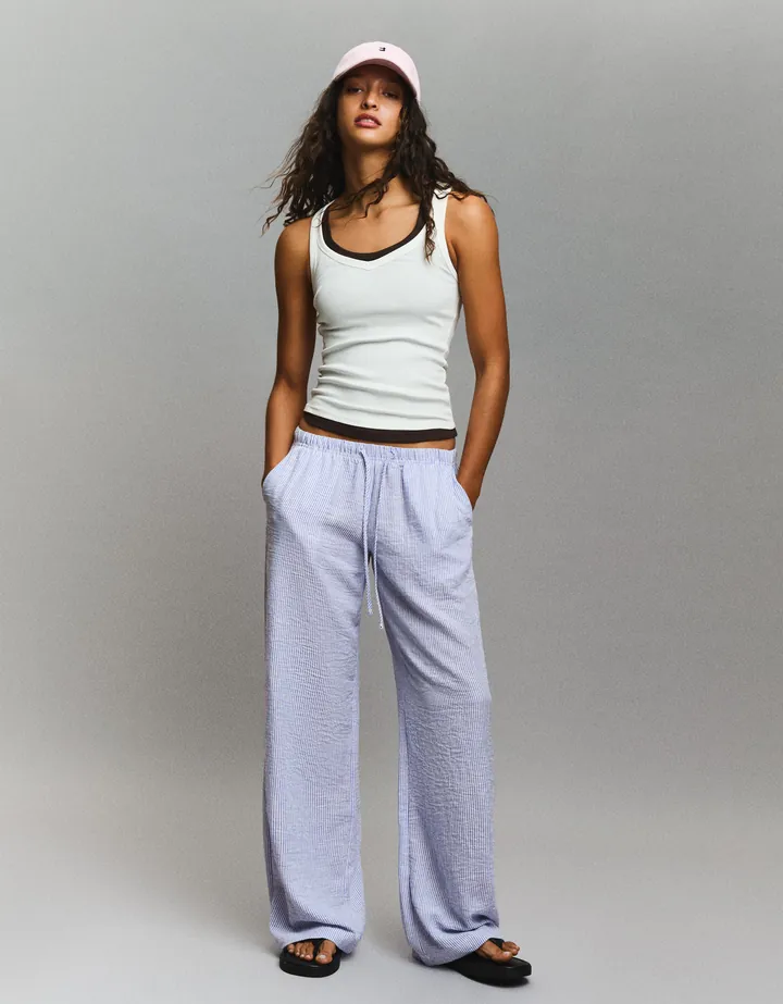 Bershka Pantalón Cintura Elástica Mujer L Marino